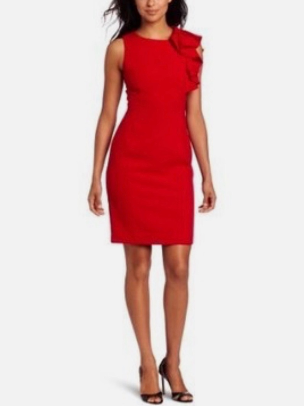 Tahari Red Shoulder Ruffle Sheath Dress Sz 8